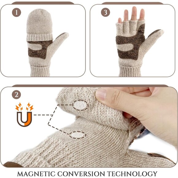 🆕Women and Men Beige Convertible Warm Wool Fingerless Gloves Flap Top Mittens - Picture 5 of 8